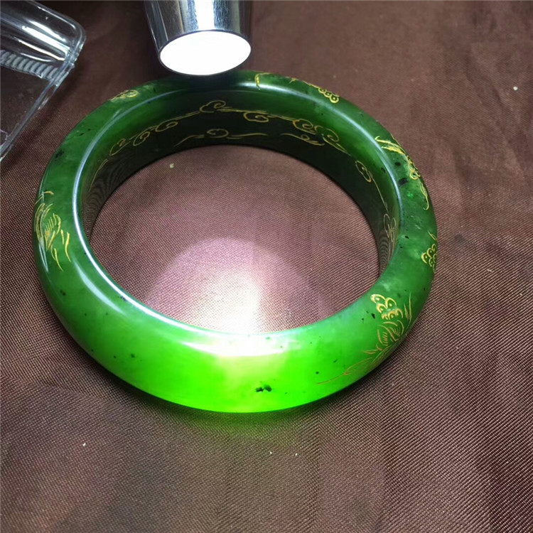 天然和田玉碧玉雕花鎏金手镯花开富贵菠菜绿玉镯女款珠宝手镯
