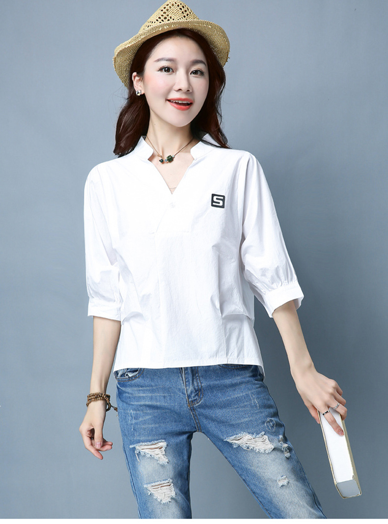 2018 初夏新款女装批发宽松中袖纯色蝙蝠衫韩版全棉立领短款上衣
