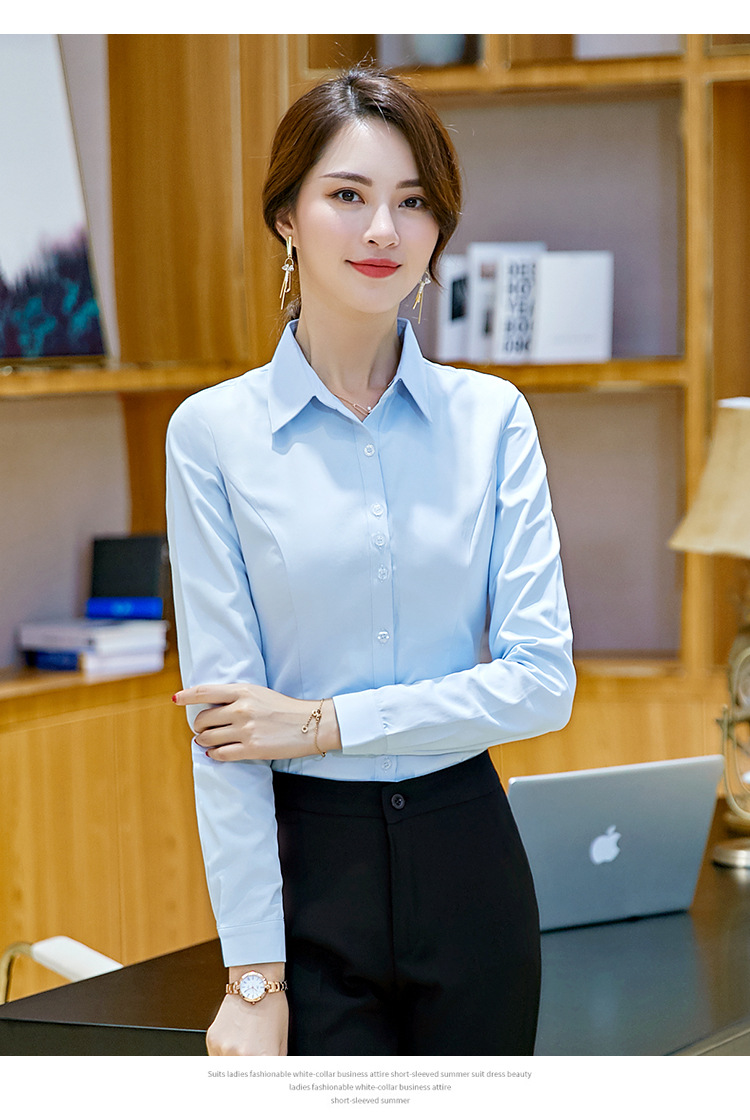 2018秋冬新款办公室文员工作服棉衬衫女士修身职业装长袖白色衬衣