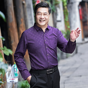 父亲装秋季长袖衬衫男式新款40-50岁衬衣中老年男装圆点上衣秋装