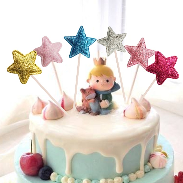 跨境货源 闪粉五角星竹签蛋糕插牌批发 烘焙成品蛋糕旗子装饰牌