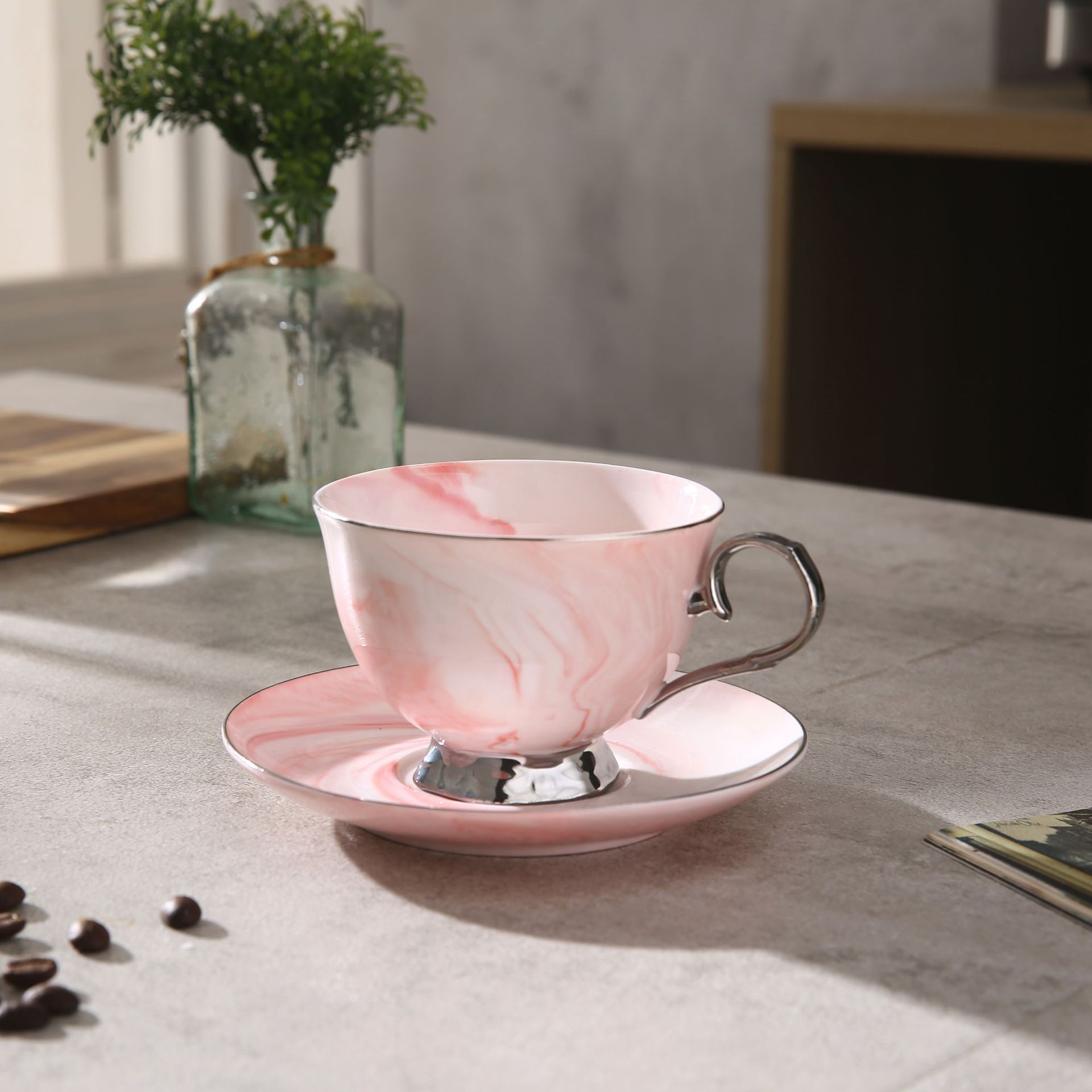 创意欧式红茶杯子大理石纹色土陶瓷咖啡杯金色银色描边茶杯批发