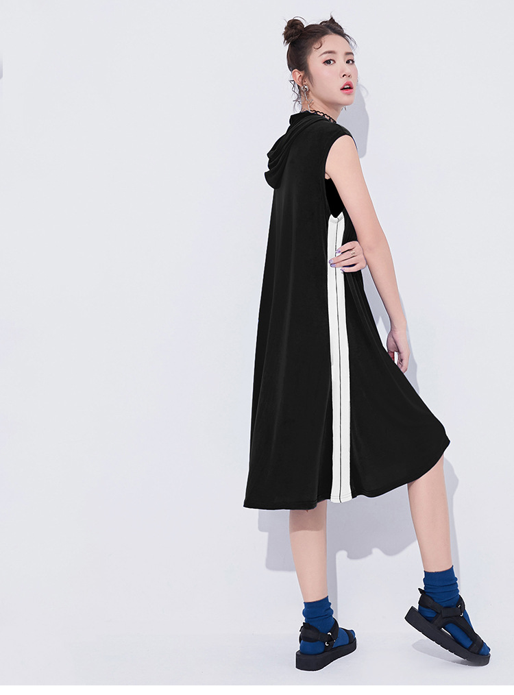 拼色无袖背心裙女夏2018新款大码中长款宽松连帽t恤裙潮外穿休闲