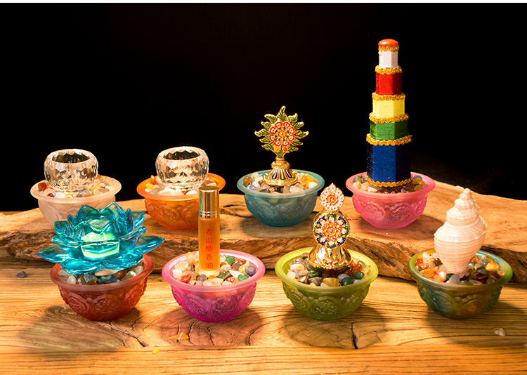 密宗法器佛前八供品吉祥八供养组合套装琉璃八供水杯香塔供佛摆件