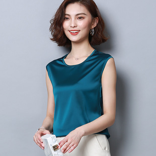 真丝上衣女 2018夏季大码女胖mm新款上衣圆领仿真丝无袖t恤女