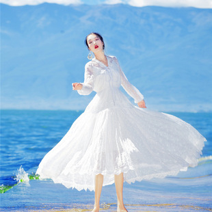 2018新款白色仙女长袖雪纺连衣裙波西米亚海边度假沙滩大摆长裙夏