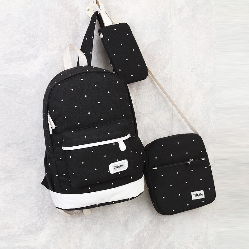 Canvas Casual Backpack Three-Piece Women's Bag Small Fresh Large Capacity Student School bag Polka Dot Backpack