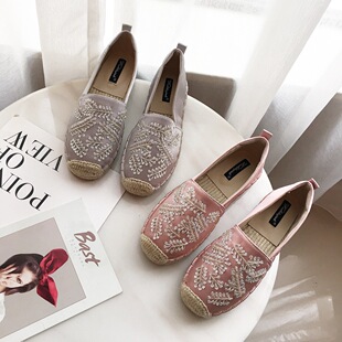 2018韩版夏季新款圆头时尚休闲水钻渔夫鞋平底舒适草编麻底女单鞋