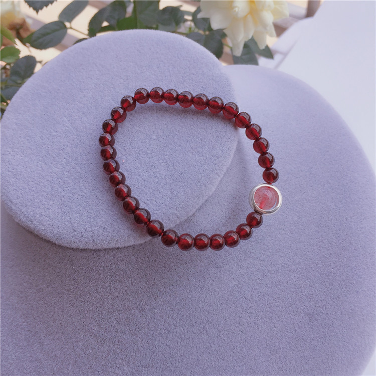 泽桠天然酒红色莫桑比克6a级石榴石单圈手链女925银草莓晶圆珠手