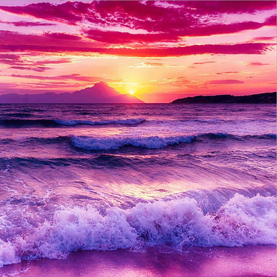 紫红色夕阳海浪风景钻石画