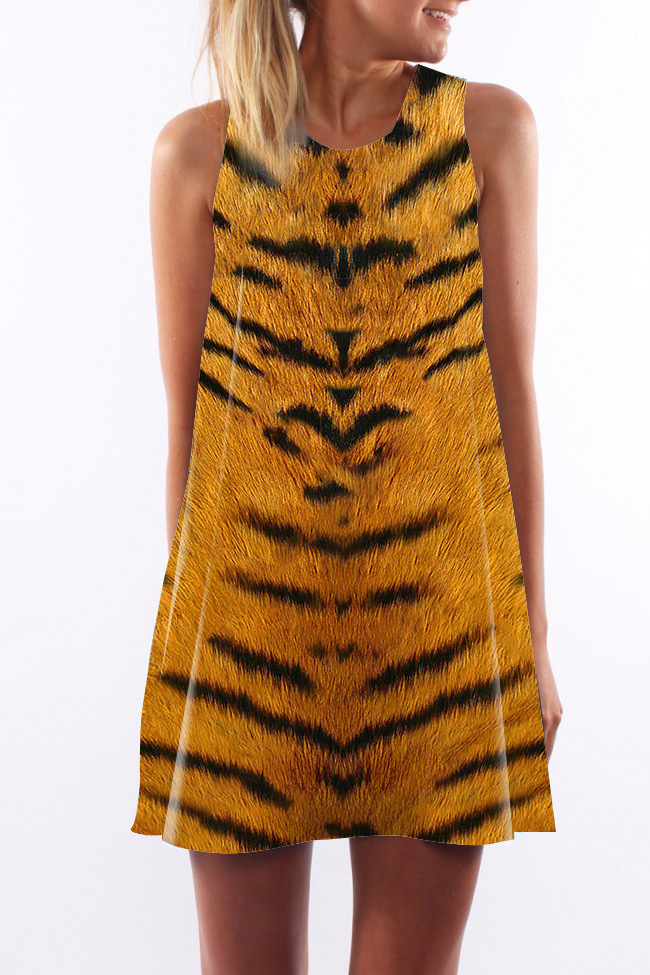 欧美新款数码印花热卖圆领吊带露肩老虎皮纹连衣裙厂家直销