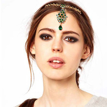 印度风饰品印度公主额饰眉心坠古典绿色镶钻链夸大发带发饰女