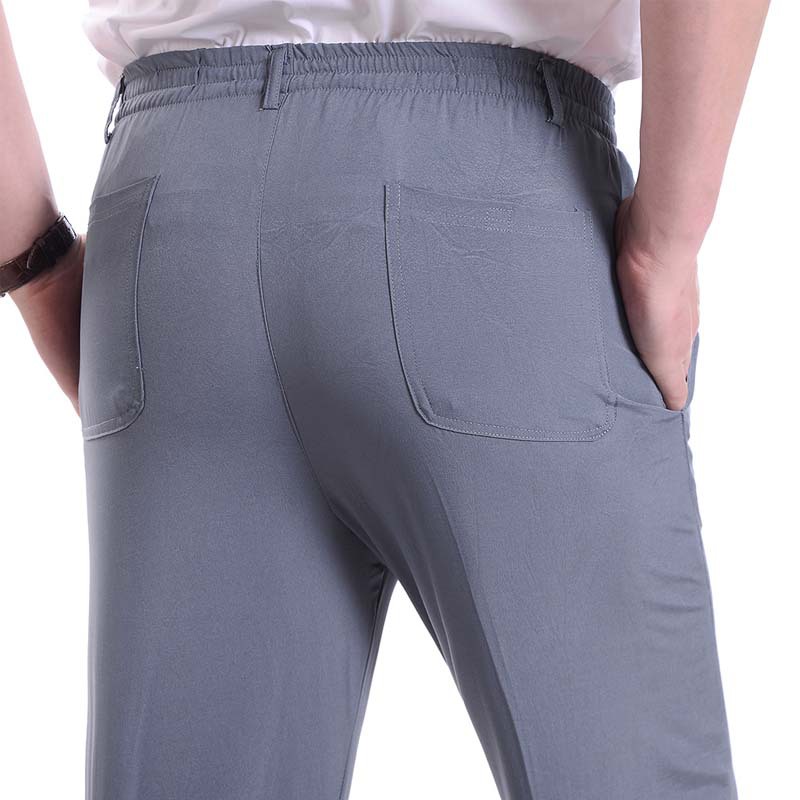 Men's Summer Thin Ice Silk Casual Pants High Waist Pants Middle-Aged and Elderly Elastic Waist Dad Non-Ironing Straight Men's Pants