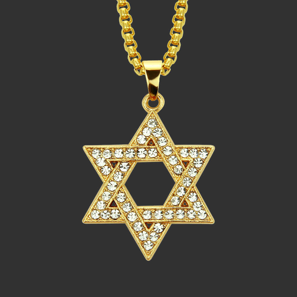 欧美嘻哈男士镂空镶钻大卫之星吊坠项链所罗门封印六芒星配饰挂件