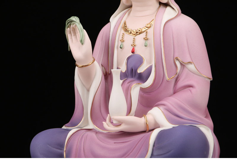 圆通工艺观音陶瓷全莲淡菜佛像摆件彩绘坐莲观世音 家居摆件