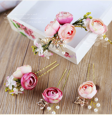 韩式新娘头饰头花韩式手工粉色花朵结婚发梳婚纱发饰