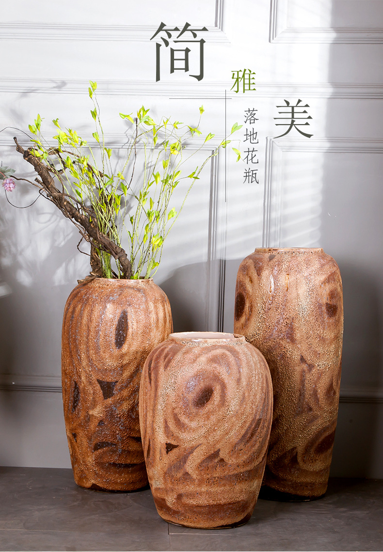 现代简约手工粗陶罐坛子干花 土黄色 家具艺术摆件花瓶陶瓷复古花