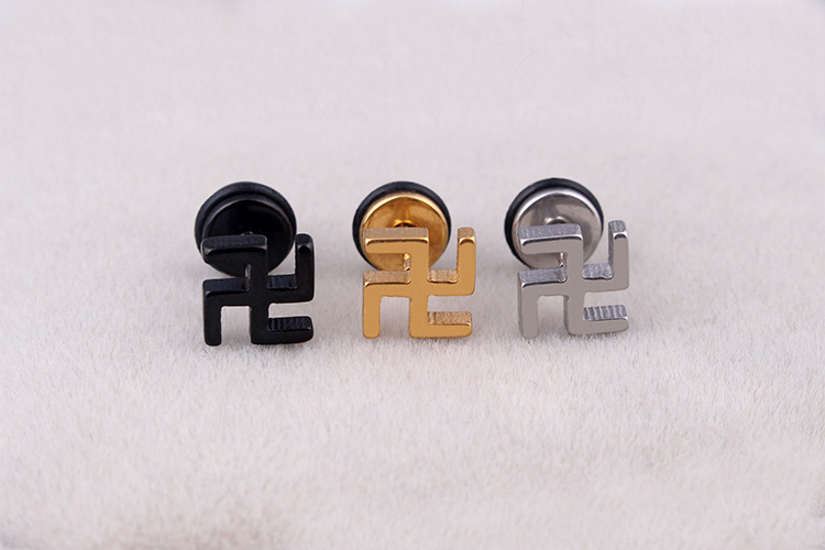 韩版时尚卍字佛印钛钢防过敏男女耳钉批发 淘宝速卖通个性潮饰品