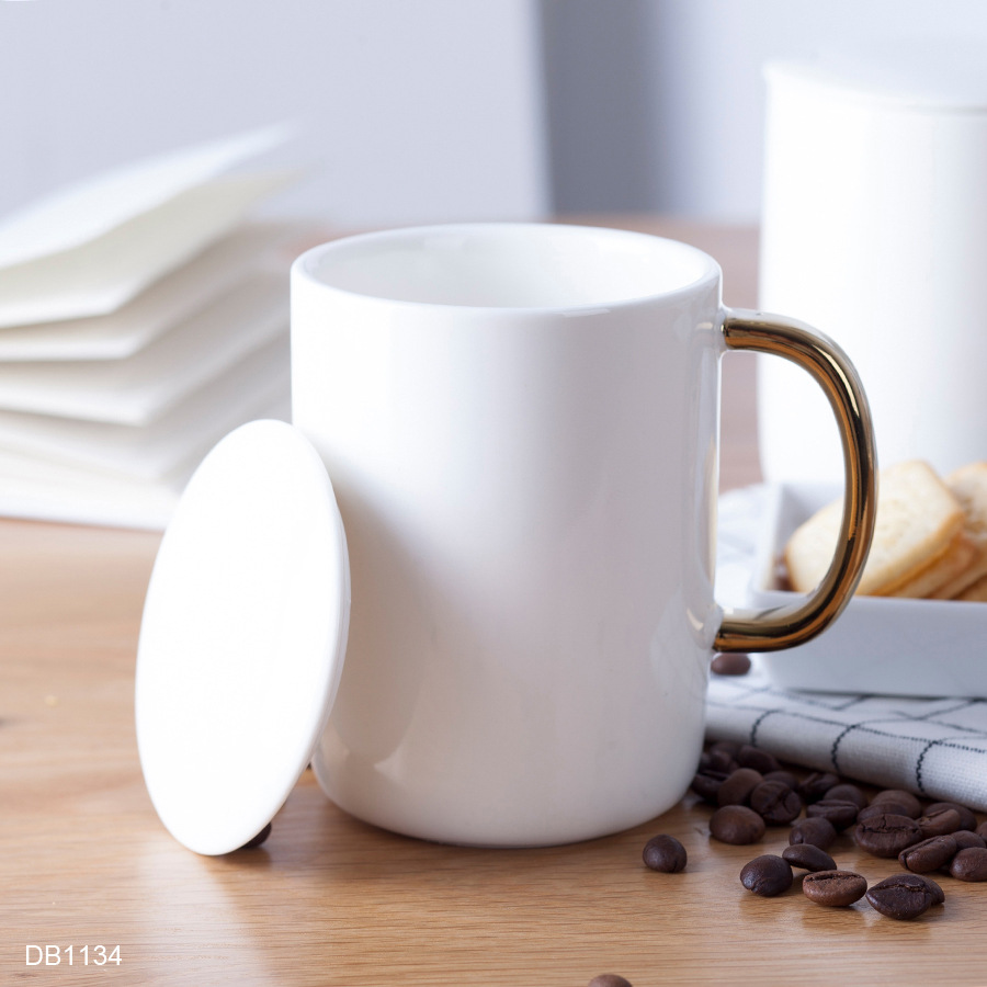 金手柄咖啡杯陶瓷杯带盖情侣杯子定制logo创意马克杯套装白瓷杯