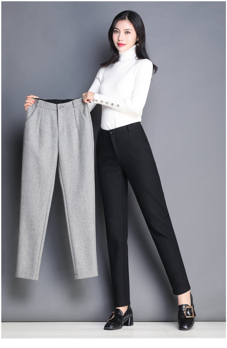 羊毛裤子女秋冬2019新款加厚毛呢裤休闲裤哈伦裤女雪花长裤女8269