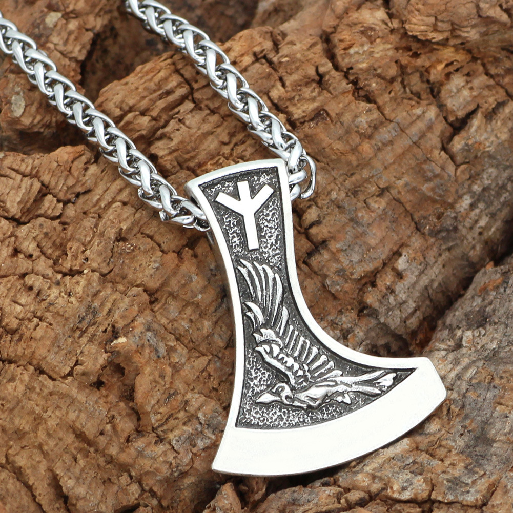 新款维京双面斧头鲁纳文奥丁坐骑狼头乌鸦项链男毛衣链饰品