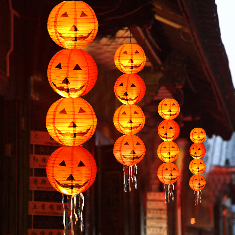 万圣节南瓜灯纸灯笼道具恐怖场景布置发光悬挂鬼节气氛装饰灯笼罩