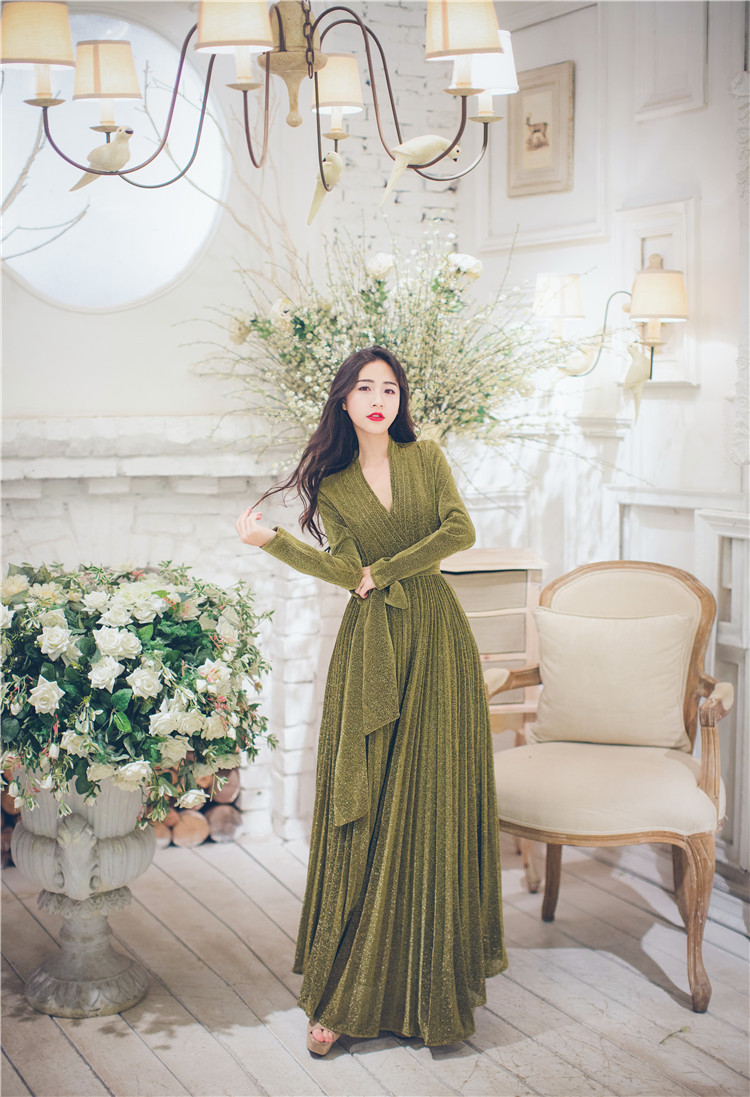 2018秋冬女装新款系带收腰连衣裙女长袖名媛气质淑女复古大摆长裙