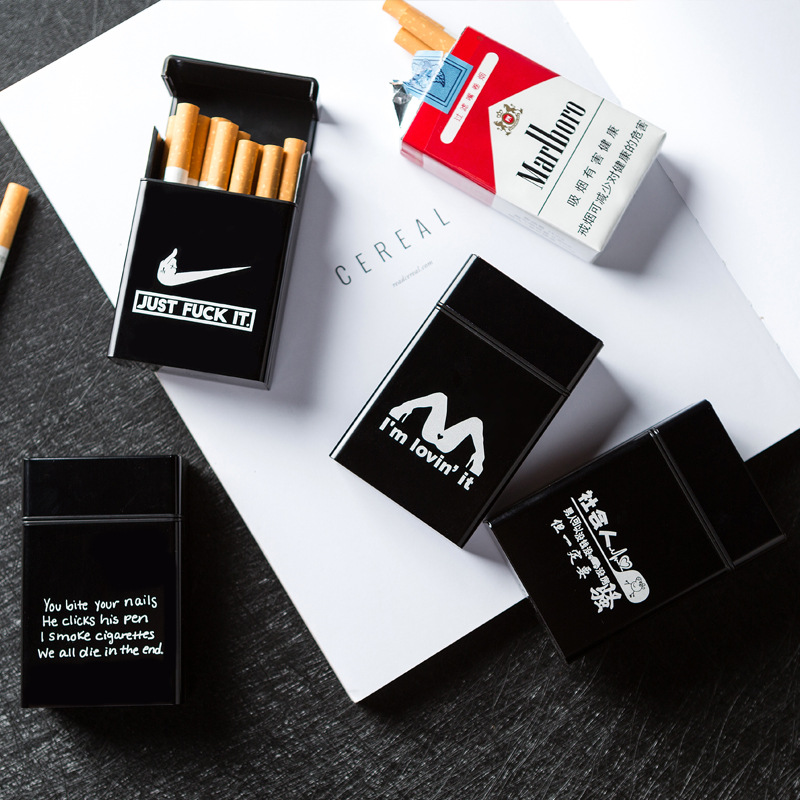 20支装黑色铝合金属社会人英文自动滑盖男士烟盒子创意恶搞笑个性