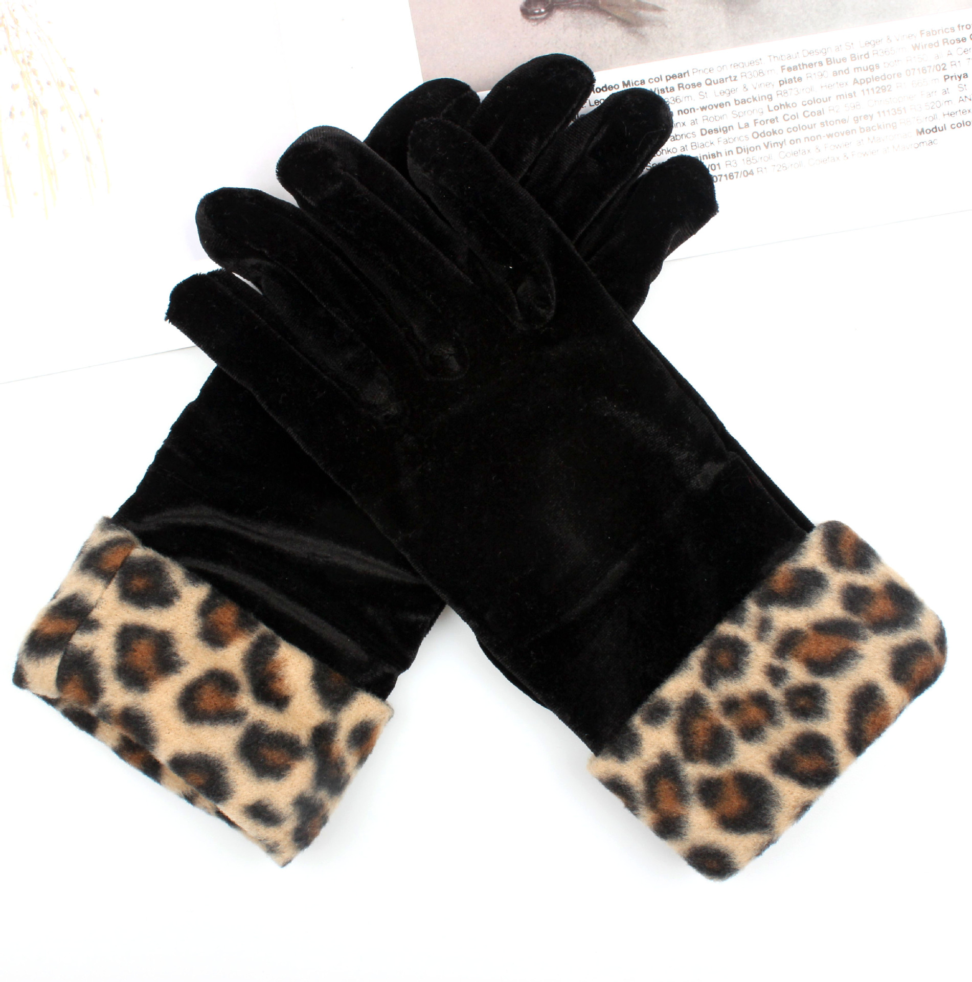 金丝绒豹纹罗口手套 女士时尚性感礼仪骑车防寒 秋冬保暖手工制作