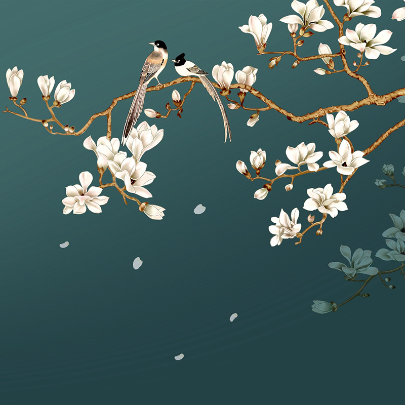 定制新中纤维板清新玉兰花大型手绘花鸟电视背景护墙板影视集成板