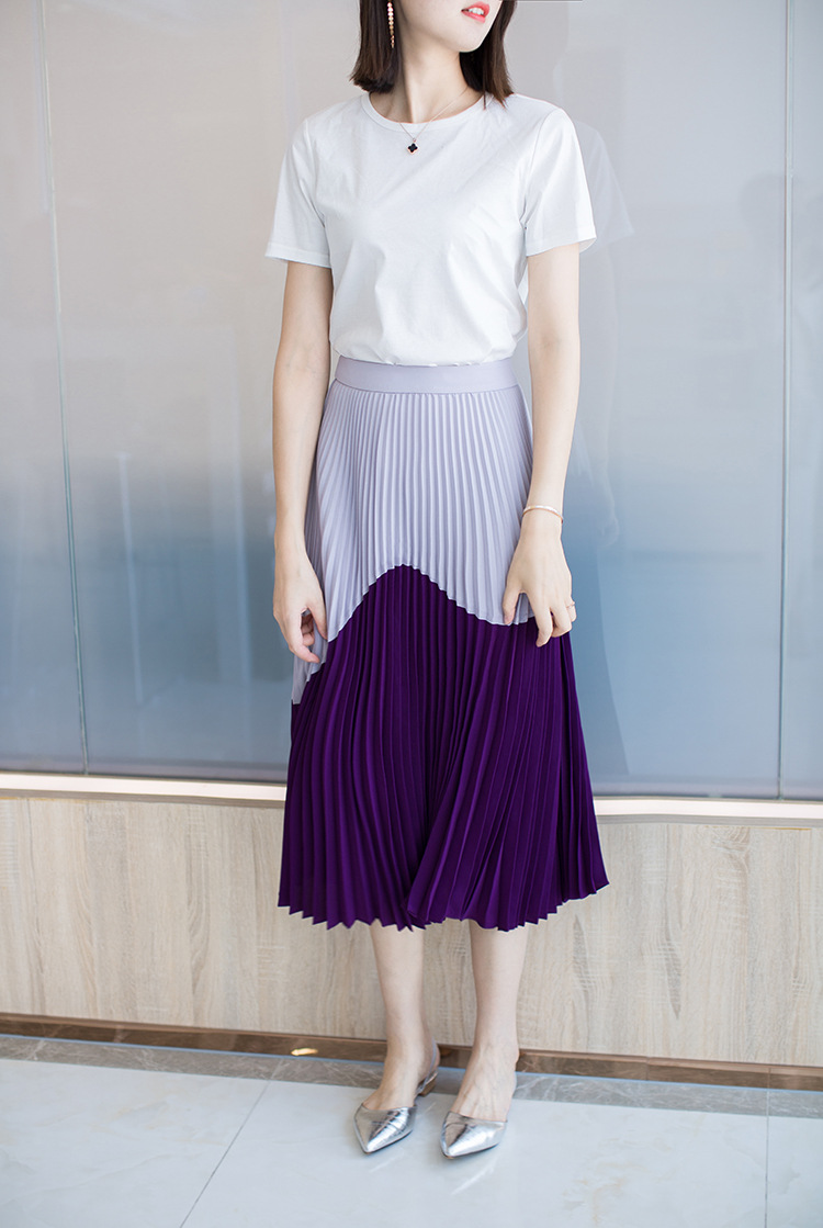 凤舞丝路梦幻紫色系波浪百褶长裙夏季休闲百搭拼色气质百褶裙