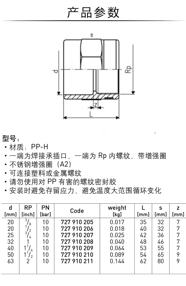 瑞士 gf 乔治费歇尔pph管配件内牙接头pp内丝直接头承插焊