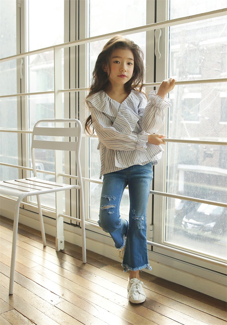 2018夏季新款韩版童装紧身破洞女童牛仔裤中大童修身裤子一件代发