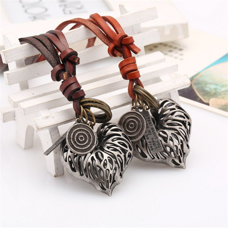 复古文艺牛皮绳桃心吊坠牛皮项链毛衣链 长款项链时尚百搭饰品