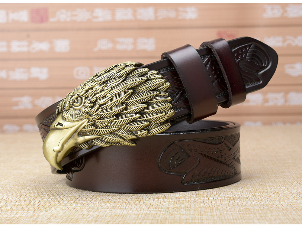 中国风男士进口牛皮皮带 金扣鹰头真皮腰带 高档礼品 个性皮带