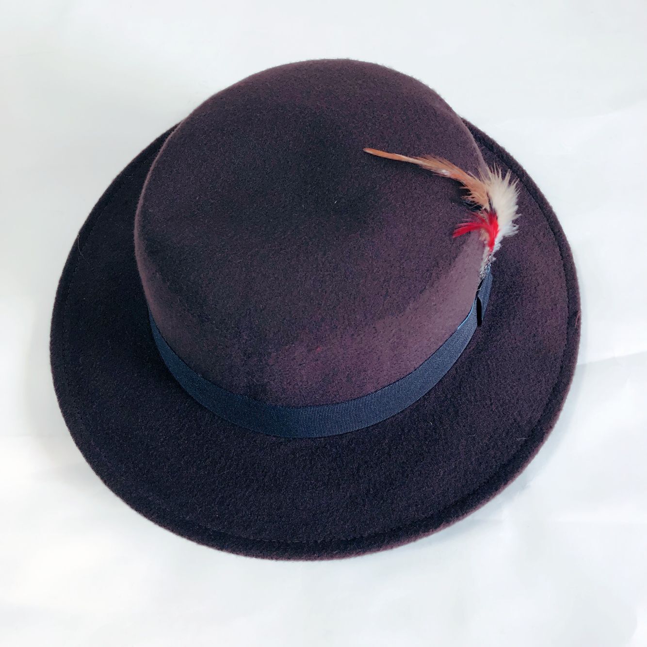 欧美外贸秋冬平顶仿毛呢礼帽女士英伦时尚仿羊毛复古个性帽子羽毛