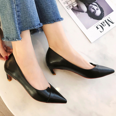 韩版ol通勤低跟鞋春季新款浅口尖头单鞋时尚细跟女鞋洋气猫跟鞋女