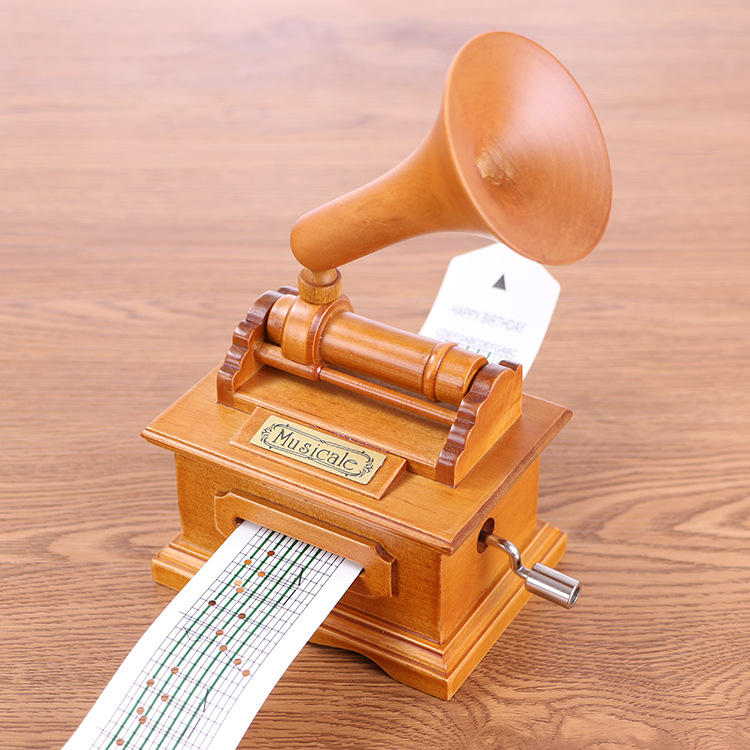 木质手摇纸带留声机音乐盒八音盒diy创意生日礼物圣诞节工艺礼品