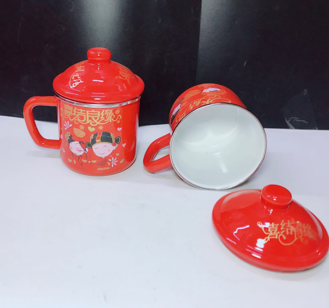 搪瓷包边喜庆大红盖杯喜结良缘搪瓷双喜杯 喜庆礼品搪瓷杯婚庆用