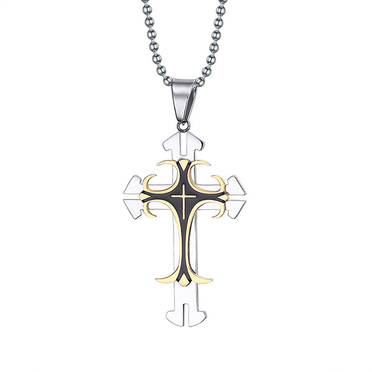 时尚流行不锈钢耶稣十字架吊坠项链 复古钛钢金色十字架吊坠批发