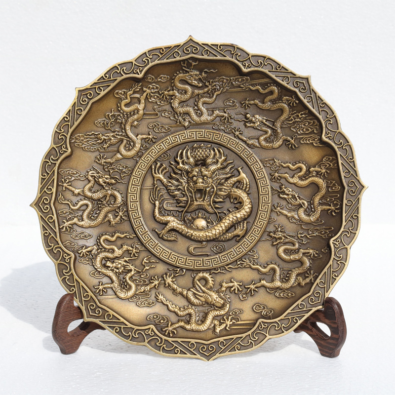 龙盘纯铜九龙盘 龙盘精品压铸龙盘仿古做旧铜器 摆件