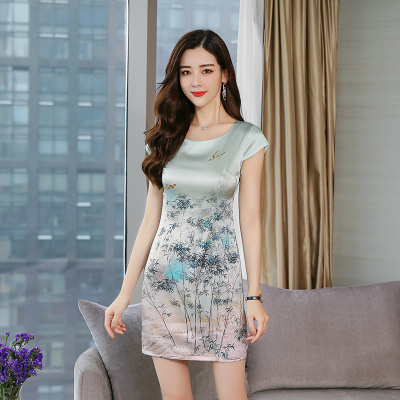 真丝连衣裙2017夏装新款印花旗袍中裙修身显瘦大码妈妈桑蚕丝