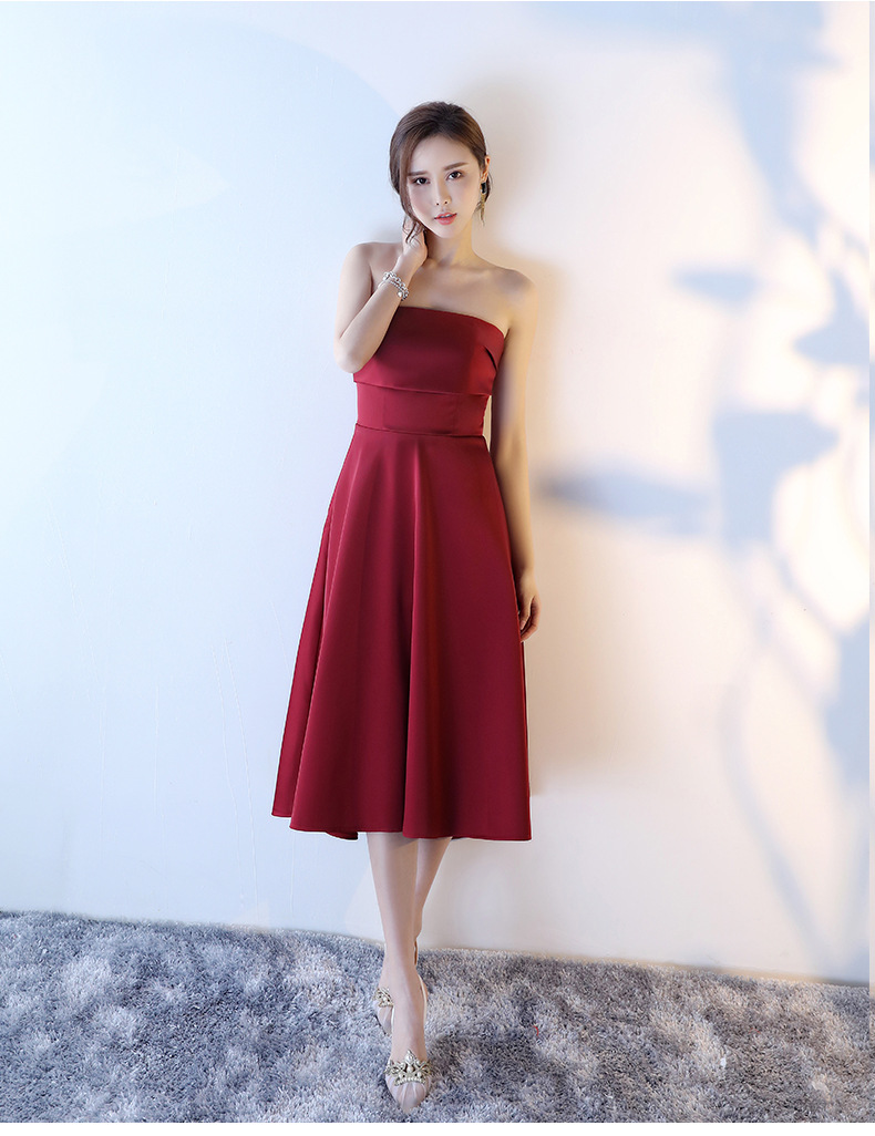 新娘结婚敬酒服2021新款秋季宴会年会酒红复古缎面抹胸显瘦晚礼服