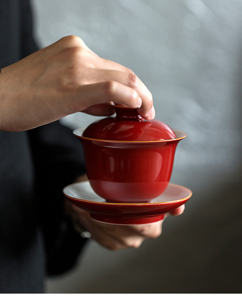 观岚 霁红三才盖碗茶杯套装 结婚红茶碗礼品陶瓷泡茶器功夫茶具