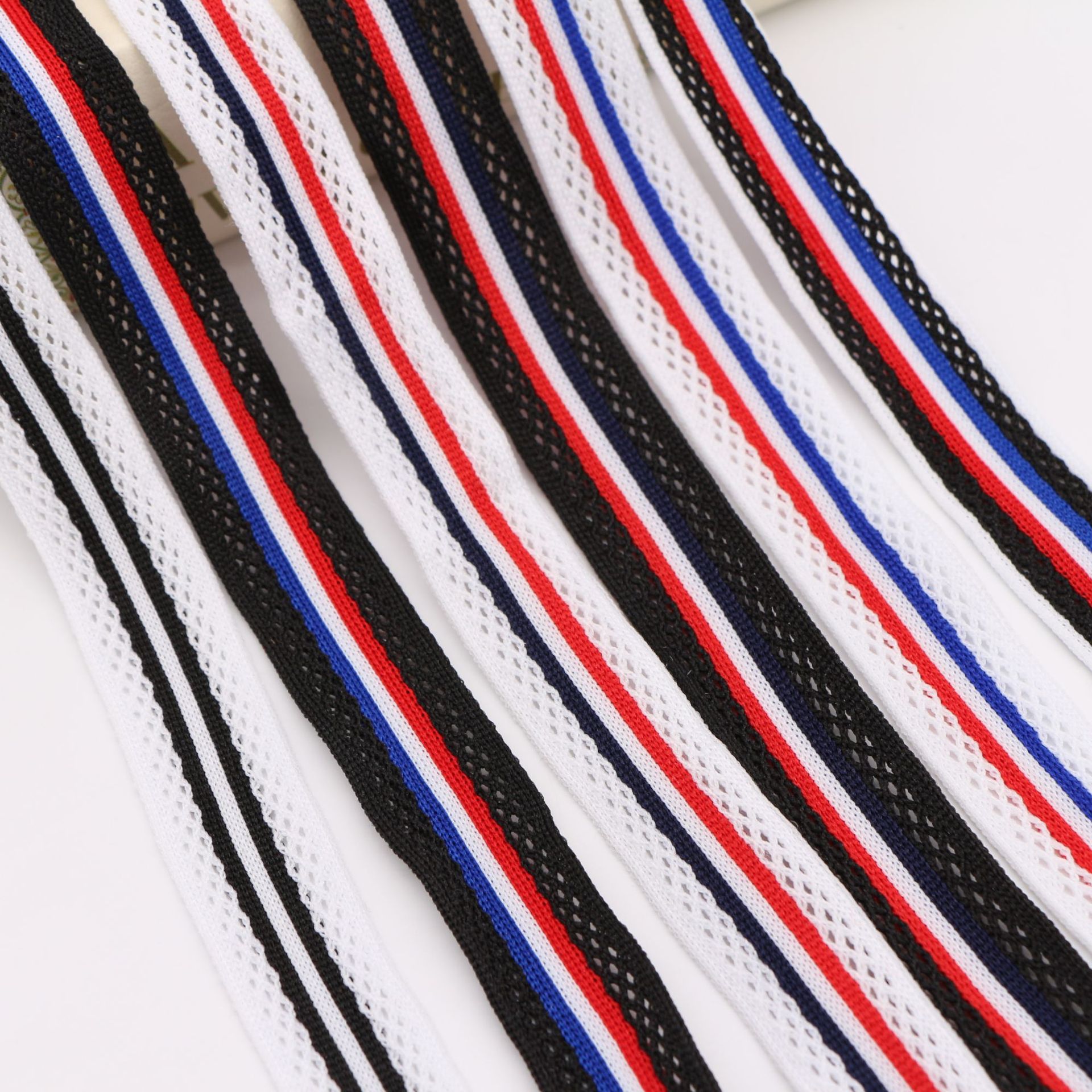 横拉网眼针织带经编涤纶带条纹间色织带服装辅料裤侧边装饰红白蓝