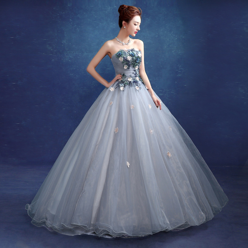 2018新款韩版齐地彩色婚纱抹胸独唱艺考晚礼服演出蓬蓬裙