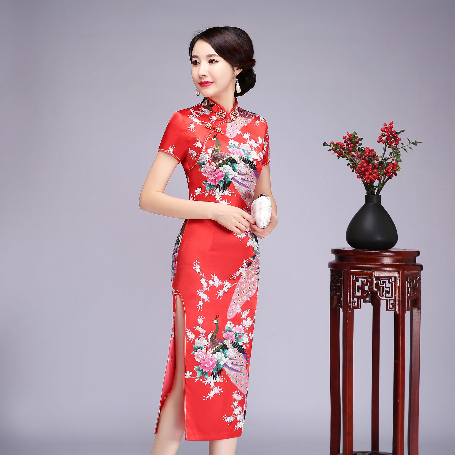 2020新款旗袍唐装高开叉性感修身2808短袖绸缎长旗袍