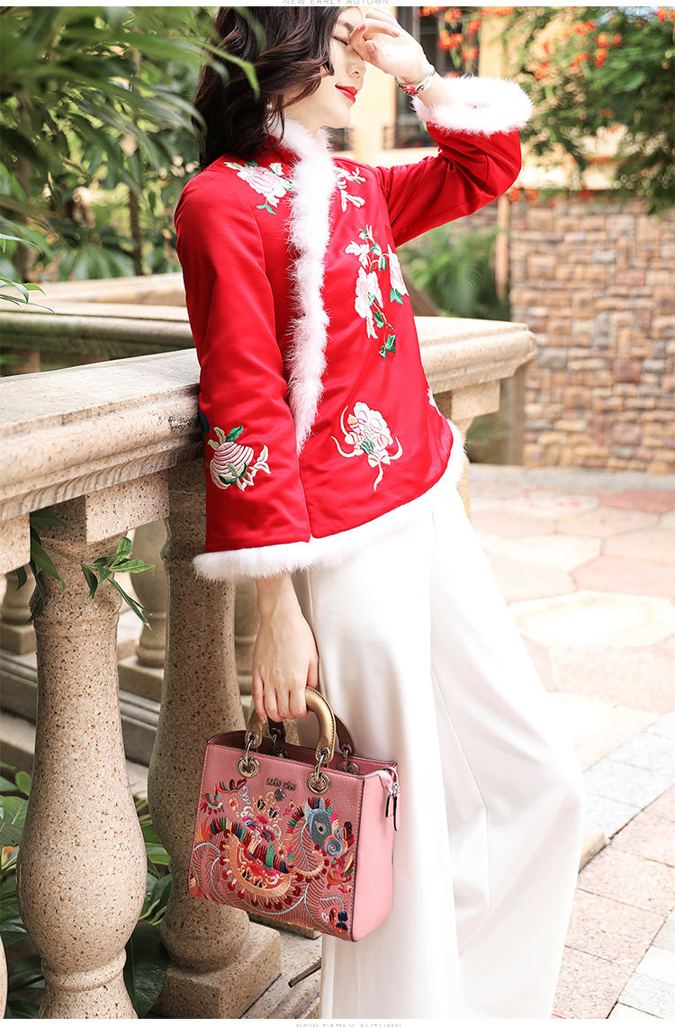 复古唐装碎花刺绣兔毛领短款唐装棉外套货号og99089