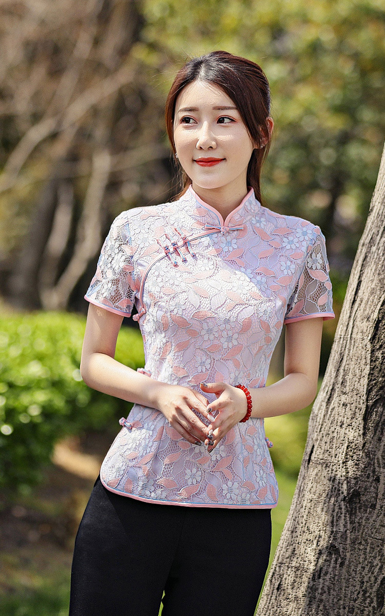 文艺复古中国风改良中式蕾丝唐装女夏短袖短款旗袍上衣2019新款春