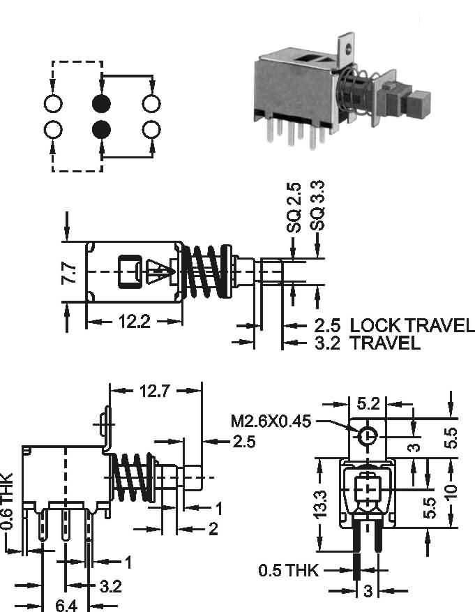 自锁开关双排引脚/侧按式按钮开关6脚/侧按卧式直键开关六脚双排